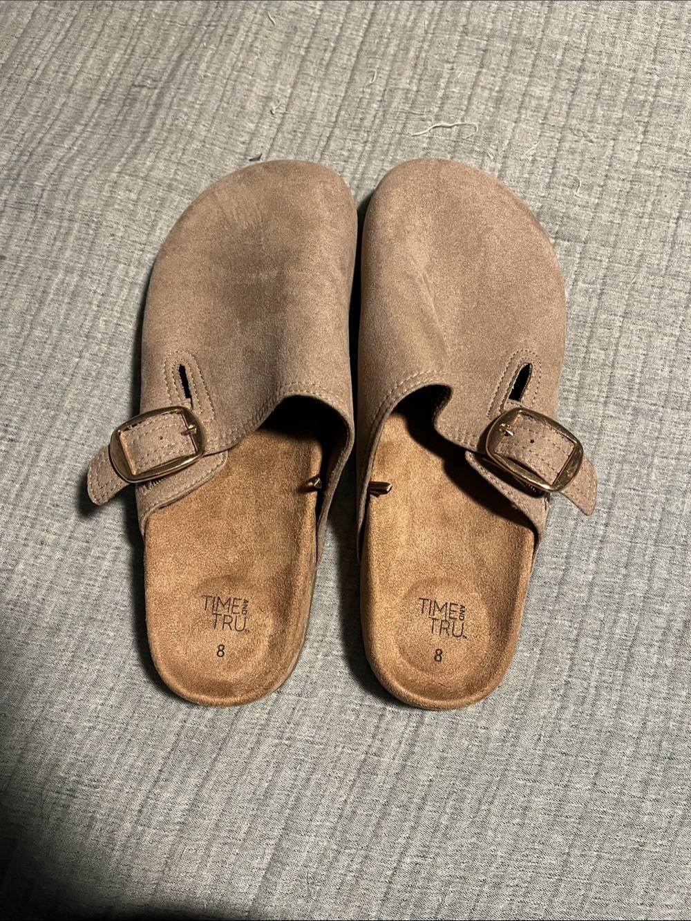Time and Tru Suede Slip-On Clogs in Taupe